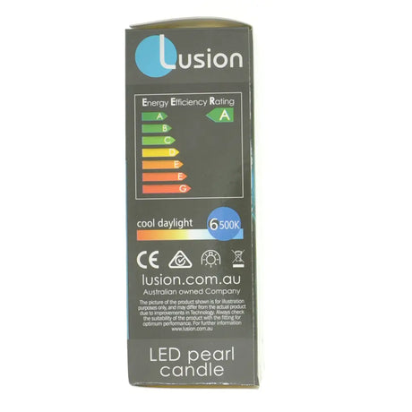 Lusion LED pearl candle packaging with energy efficiency rating on a white background