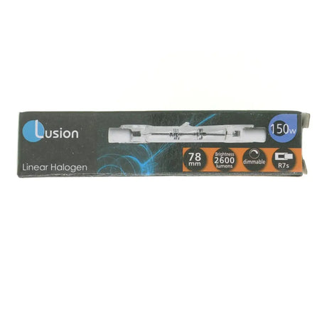 Lusion linear halogen light bulb packaging on a white background