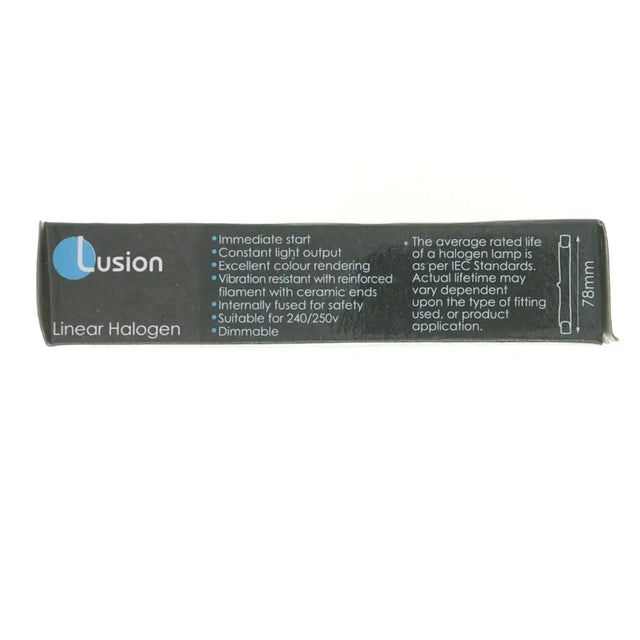 Lusion Linear Halogen light bulb packaging on a white background