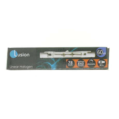 Lusion linear halogen light bulb packaging on a white background