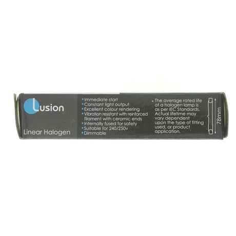 Lusion linear halogen light bulb packaging on a white background