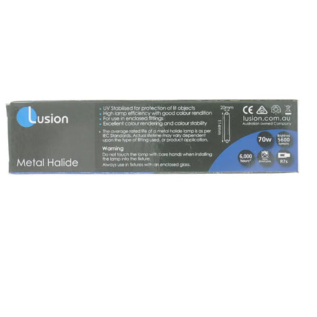 Lusion metal halide light bulb packaging on a white background