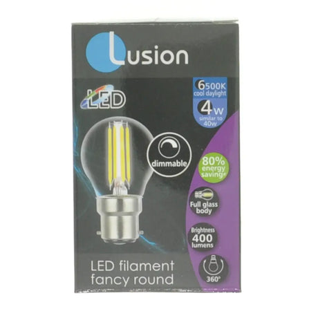 Lusion LED filament light bulb packaging on a white background