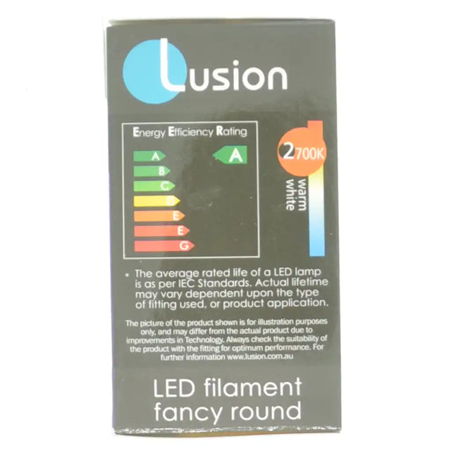 Lusion LED filament packaging with energy efficiency rating chart on a white background
