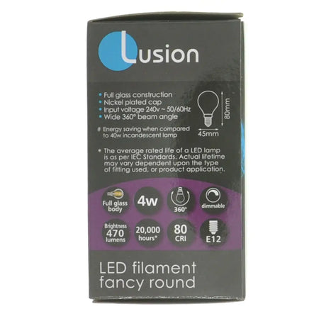 Lusion LED filament bulb packaging on a white background