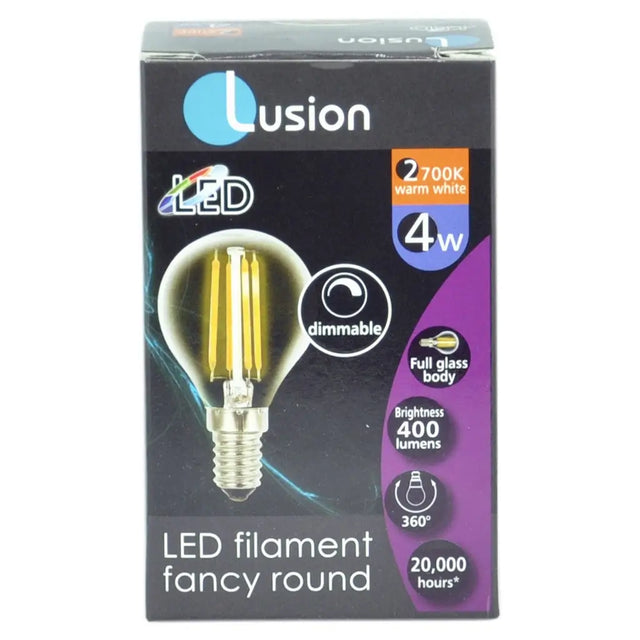 Lusion LED filament fancy round light bulb packaging on a white background