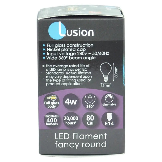 Lusion LED filament bulb packaging with specifications on a white background