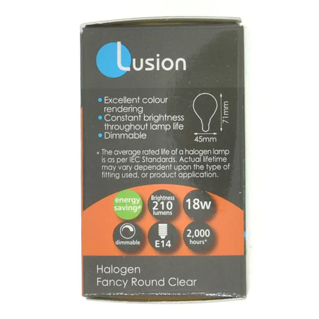 Lusion halogen bulb packaging on a white background