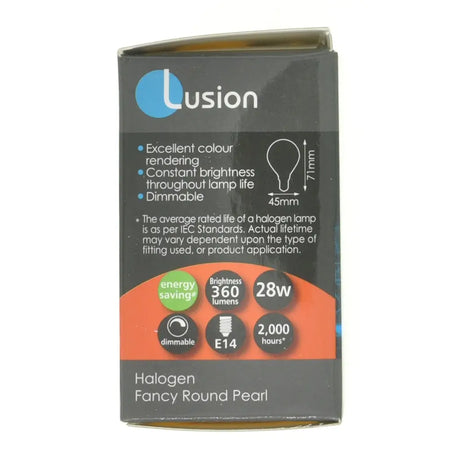 Lusion halogen bulb packaging on a white background