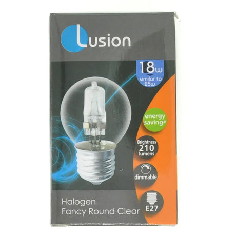 Lusion halogen light bulb packaging with bulb illustration and specifications.