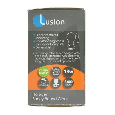 Lusion halogen bulb packaging on a white background
