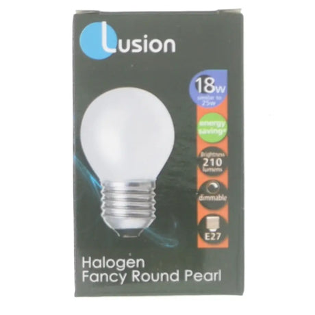 Lusion halogen fancy round pearl light bulb packaging on a white background