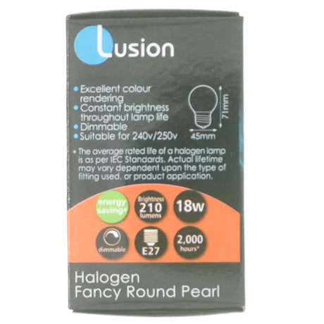 Lusion halogen bulb packaging with specifications on a white background
