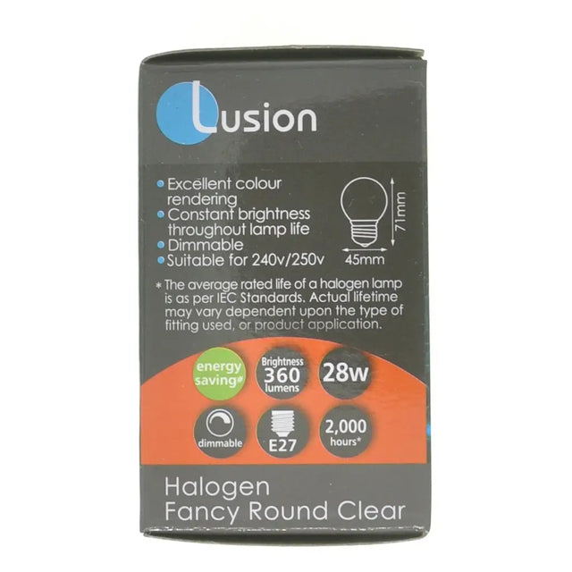 Lusion halogen bulb packaging on a white background