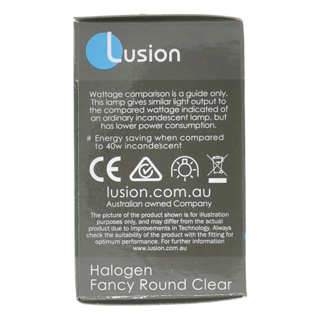 Lusion brand packaging for a halogen lamp with product details on a white background