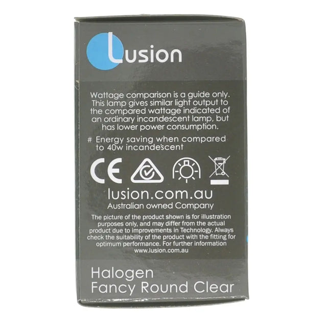 Lusion brand packaging for a halogen lamp with product details on a white background