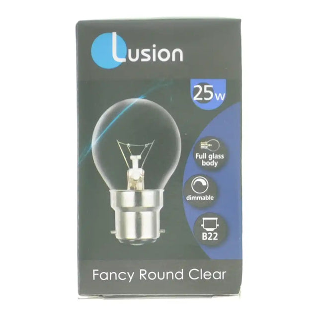 Lusion light bulb packaging with clear bulb illustration on a gray and blue background