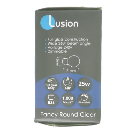 Lusion bulb packaging with specifications on a white background