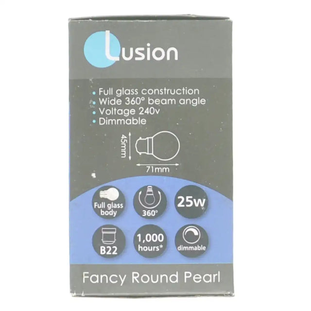 Lusion bulb packaging with specifications on a white background