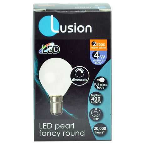 Lusion LED pearl fancy round bulb packaging on a white background