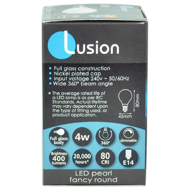 Lusion LED pearl fancy round packaging with specifications on a white background
