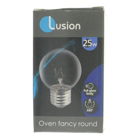 Lusion oven fancy round light bulb packaging on a white background