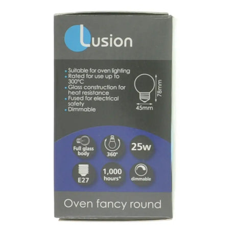 Lusion oven bulb packaging with product details on a white background