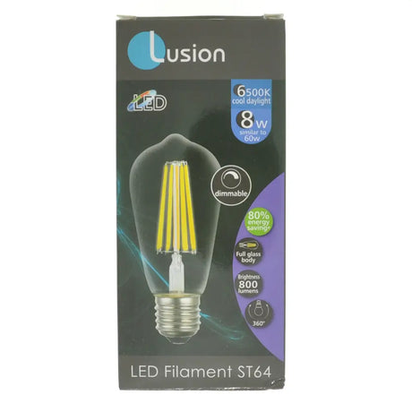 Lusion LED filament ST64 bulb packaging on a white background