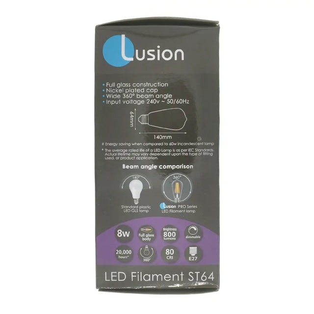 Lusion LED Filament ST64 packaging on a white background