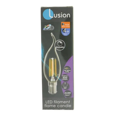 Lusion LED filament flame candle packaging on a white background