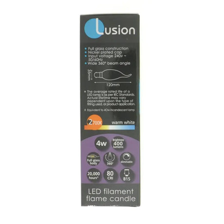 Lusion LED filament flame candle packaging on a white background