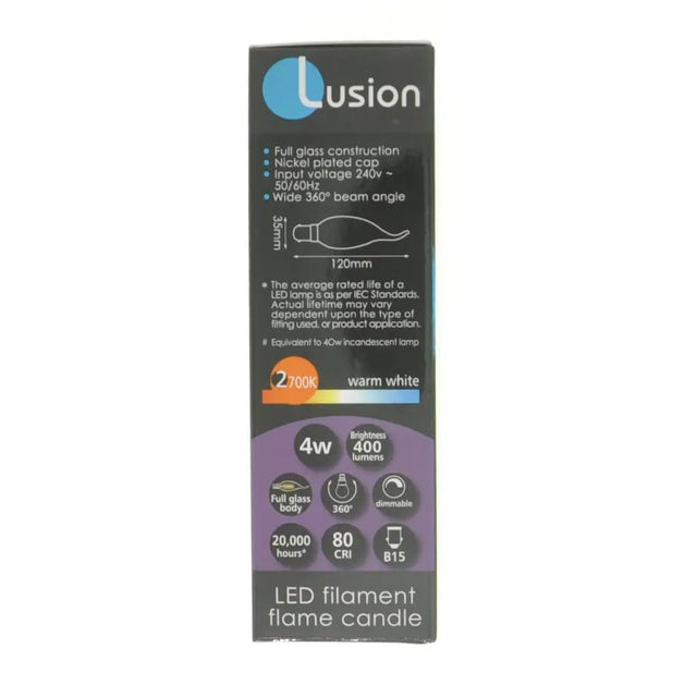 Lusion LED filament flame candle packaging on a white background