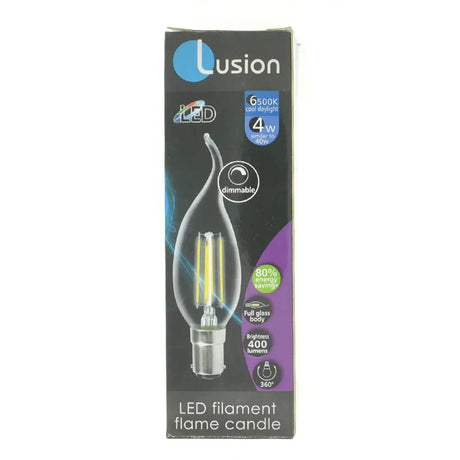 Lusion LED filament flame candle packaging on a white background