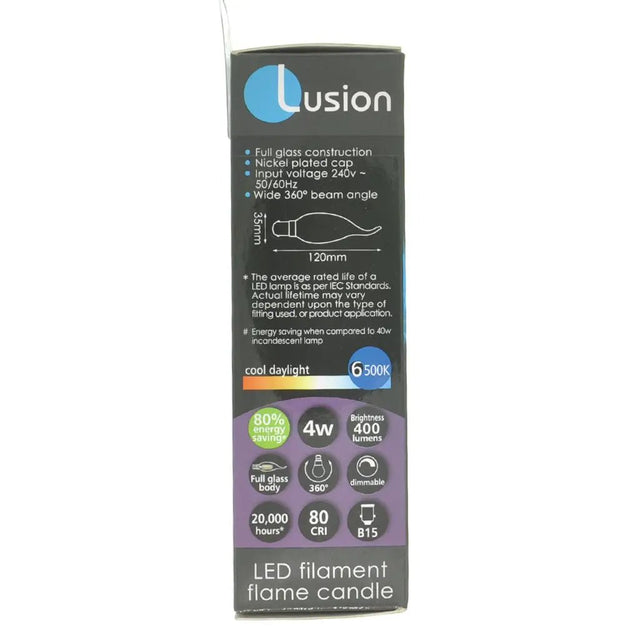 Lusion LED filament flame candle packaging on a white background