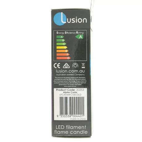 Lusion LED filament flame candle packaging with energy efficiency rating and product code.