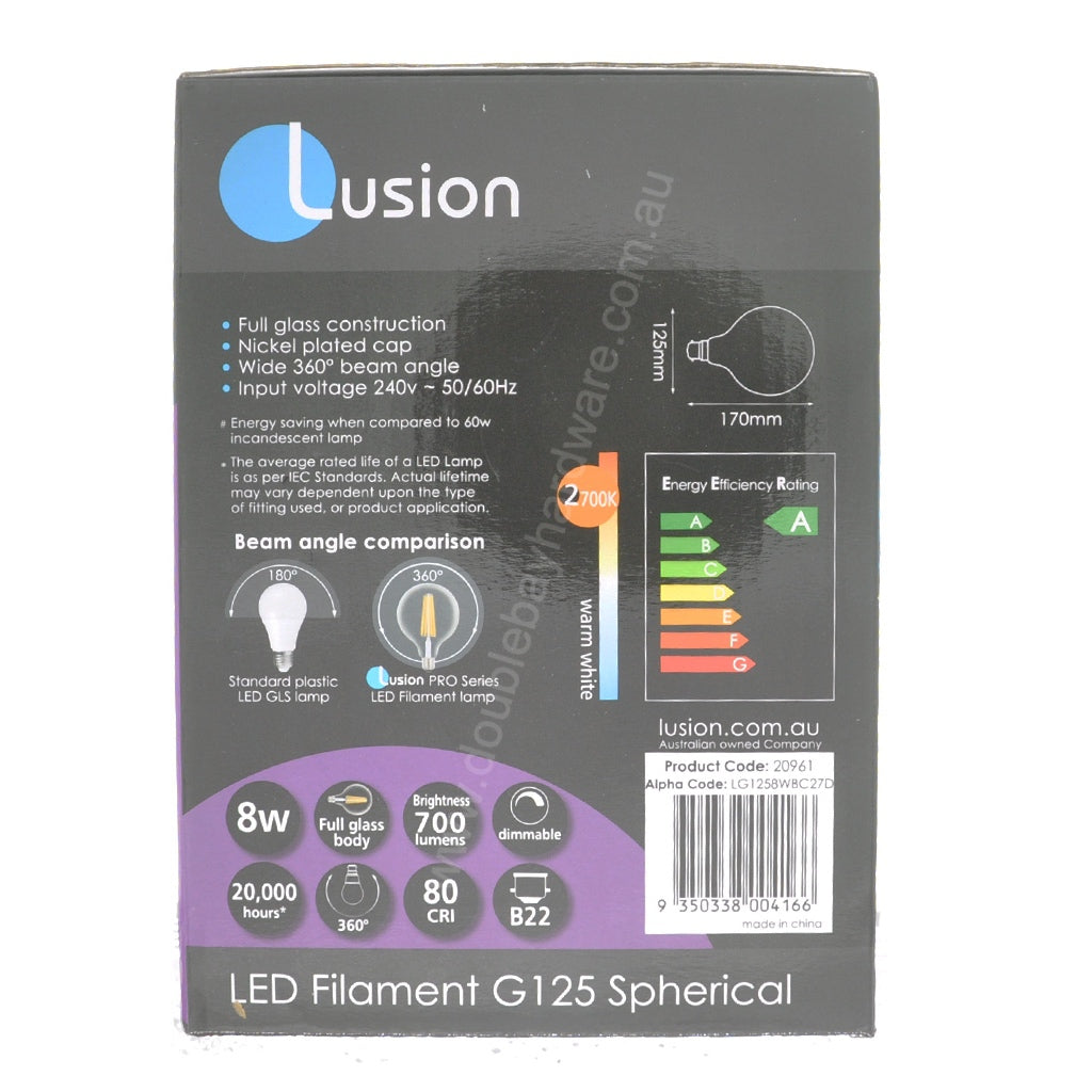 Lusion G125 Filament Spherical LED Light Bulb B22 240V 8W W/W 20961