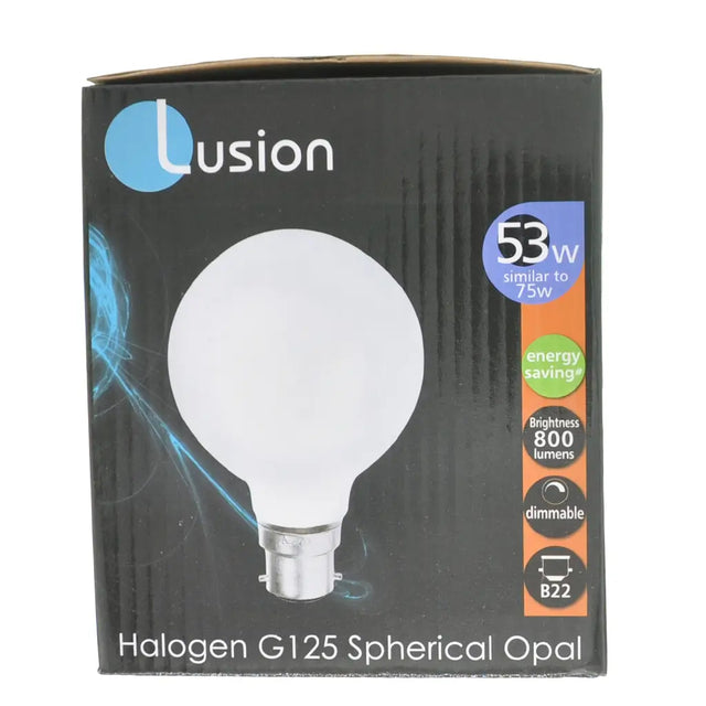 Lusion halogen G125 spherical opal bulb packaging on a white background