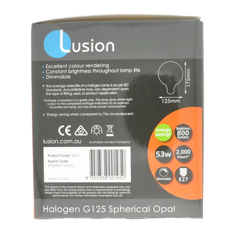 Lusion halogen G125 spherical opal packaging with product details.
