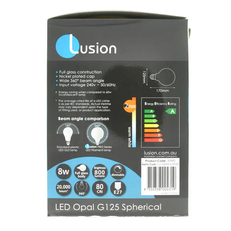 Lusion LED bulb packaging with specifications and branding on a white background