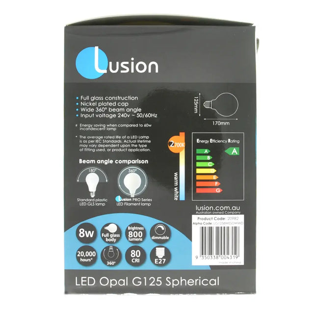 Lusion LED bulb packaging with specifications and branding on a white background