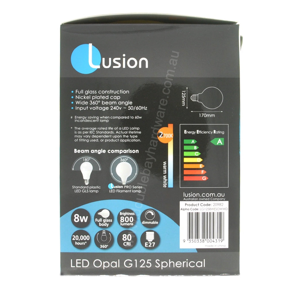 Lusion G125 Spherical LED Light Bulb E27 240V 8W W/W Opal 20982
