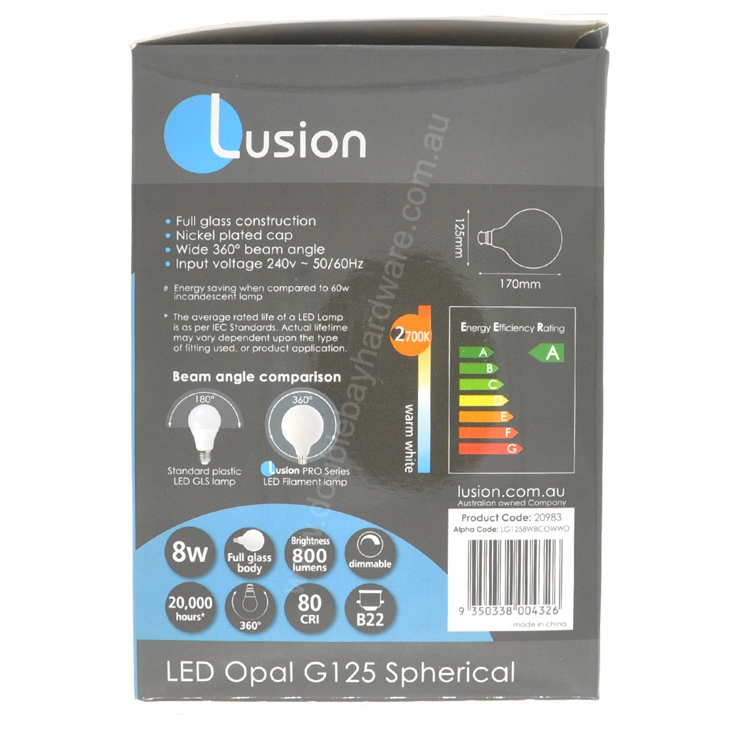 Lusion G125 Spherical LED Light Bulb B22 240V 8W W/W Opal 20983