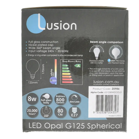 Lusion LED Opal G125 Spherical packaging with technical specifications.