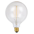Clear light bulb with visible filament on a white background
