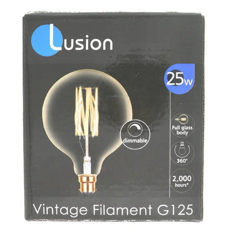 Lusion vintage filament G125 light bulb packaging on a white background