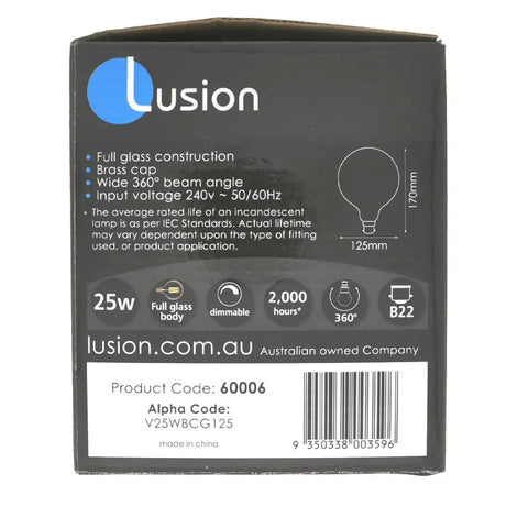Lusion light bulb packaging with product details on a white background