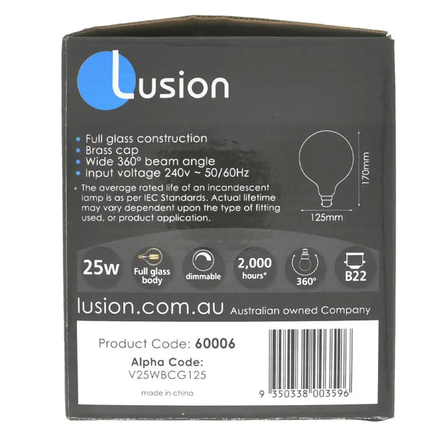 Lusion light bulb packaging with product details on a white background