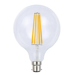 LED light bulb with visible filaments on a white background