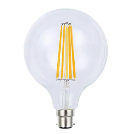 LED light bulb with visible filaments on a white background