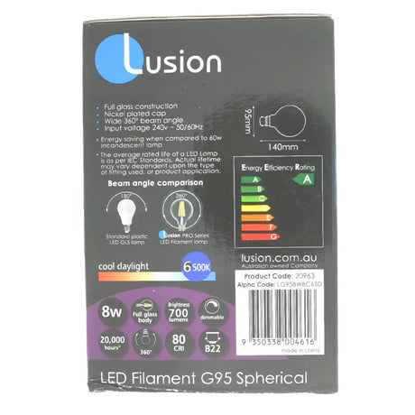 Lusion LED filament G95 spherical packaging with product details on a white background